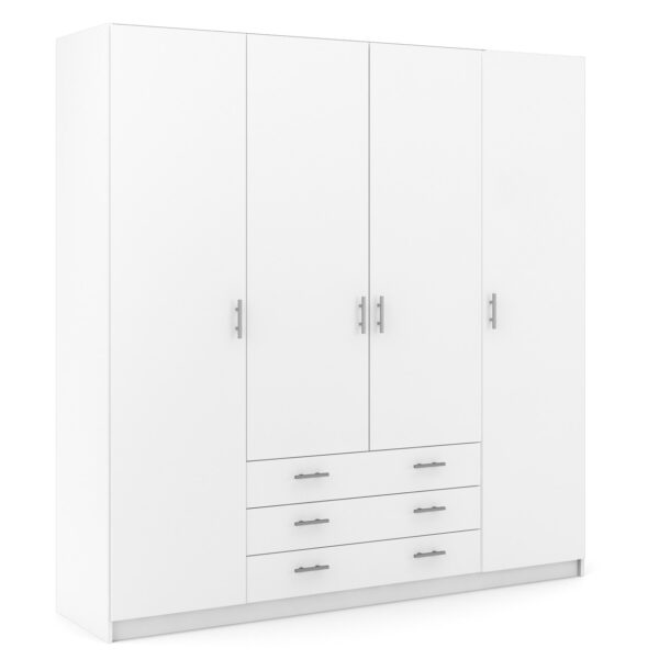 Dana hvidt garderobeskab 195,5 cm bredt med 4 døre, 3 store skuffer og hele 9 hylder.