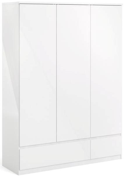 Nibe 150 cm bredt garderobeskab hvid højglans med 3 skabe og 2 skuffer.