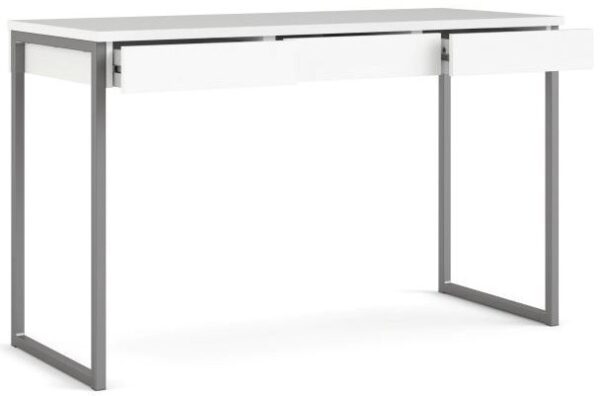Prestige hvidt skrivebord 125 x 51 cm med 3 skuffer og metalstel.