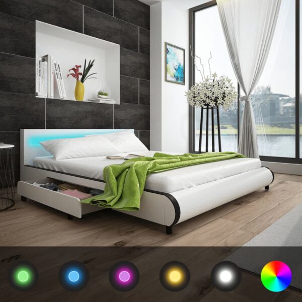 vidaXL seng med madras LED hvid kunstlæder 180 x 200 cm