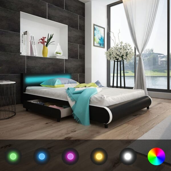 vidaXL seng med madras i memoryskum LED sort kunstlæder 140 x 200 cm