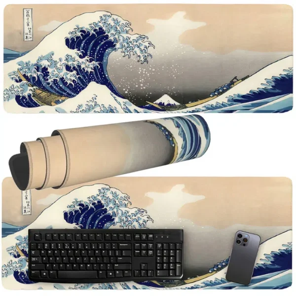 Stor musemåtte og tastatur underlag til skrivebordet, 80x30, "Great Wave"