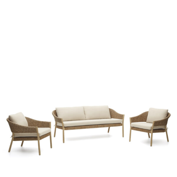 KAVE HOME Pola udendørs 2 pers. sofa & 2 lænestole - natur syntetisk flet/eukalyptustræ (sæt med 3)